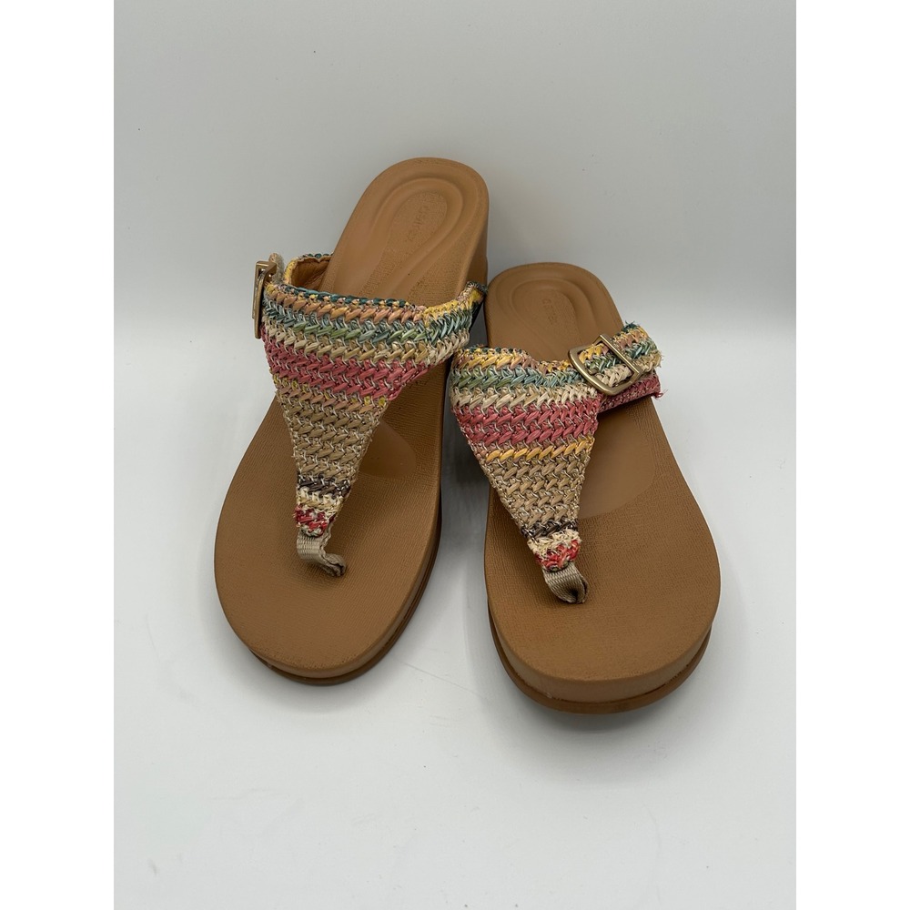 Aetrex Kate Women Size 7 Multi‎ Color Woven Raffia Orthotic Thong Sandals Wedge